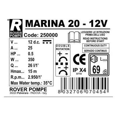 Rover Pompe Marina 20 Αντλία Μετάγγισης 12V 0.5hp