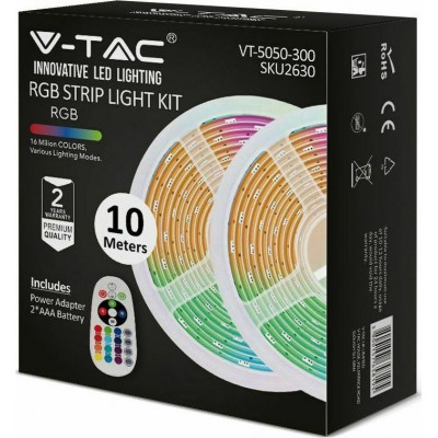 V-TAC Ταινία LED Τροφοδοσίας 220V RGB Μήκους 2x5m και 30 LED ανά Μέτρο Σετ με Τηλεχειριστήριο και Τροφοδοτικό Τύπου SMD5050Κωδικ