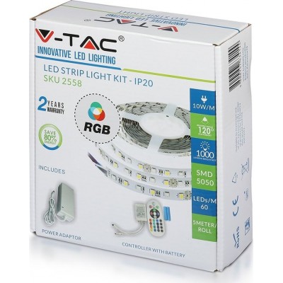 V-TAC Ταινία LED Τροφοδοσίας 12V RGB Μήκους 5m και 60 LED ανά Μέτρο Σετ με Τηλεχειριστήριο και Τροφοδοτικό Τύπου SMD5050Κωδικός: