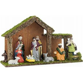 Φάτνη Ξύλινη με 10 Πορσελάνινες Φιγούρες 40x15cm