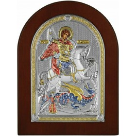 Prince Silvero Εικόνα Άγιος Γεώργιος Ασημένια σε Καφέ Ξύλο18x24cm