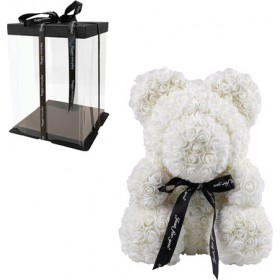 Αρκουδάκι από Τεχνητά Τριαντάφυλλα Λευκό 25cm Σε Κουτί