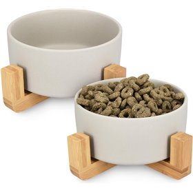 Navaris Μπολ Φαγητού &amp Νερού με Βάση από Μπαμπού Σετ 2τμχ Γκρι 850ml