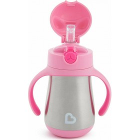 Munchkin Παιδικό Ποτηράκι με Λαβές και Καλαμάκι "Cool Cat" από Μέταλλο Ροζ 237ml για 18m+
