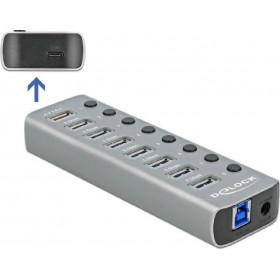 DeLock USB 3.2 Hub 9 Θυρών με σύνδεση USB-A &amp Θύρα Φόρτισης και Εξωτερική Παροχή Ρεύματος ΓκριΚωδικός: 63264 