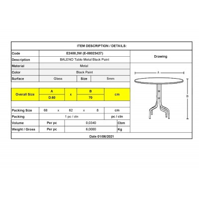 Τραπέζι για Μικρούς Εξωτερικούς Χώρους Μεταλλικό με Γυάλινη Επιφάνεια Baleno Μαύρο 60x60x70εκ.Κωδικός: Ε2400,3W 