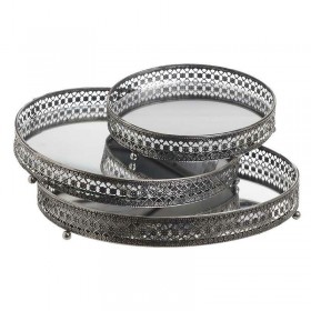 Inart S/3 Δίσκος Μεταλλικός Με Καθρέπτη Αντικέ Ασημί 28x4cm