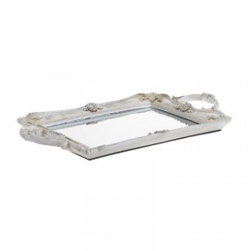 Inart Δίσκος Polyresin Με Καθρέπτη Αντικέ Λευκός/Ασημί 40x25x5cm