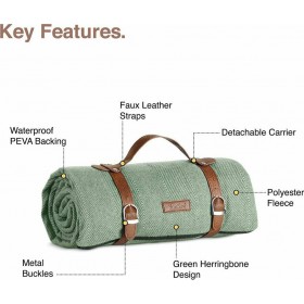 VonShef Picnic Blanket, Κουβέρτα Πικ-Νικ από Αδιάβροχο Ύφασμα και Vegan Δερμάτινη Λαβή 147x180cm, Green Herringbone - 1000228