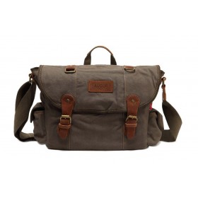 Τσάντα ώμου χακί με καφέ δερμάτινες λεπτομέρειες