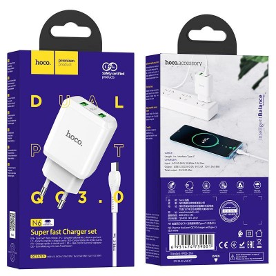 HOCO N6 CHARMER QC3.0 ΦΟΡΤΙΣΤΗΣ ΜΕ ΚΑΛΩΔΙΟ TYPE-C, 2 ΘΥΡΕΣ, ΛΕΥΚΟ