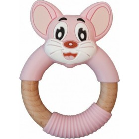 Μασητικό οδοντοφυΐας ποντικάκι ροζ με σιλικόνη και ξύλο 3+ μηνών Σετ φαγητού Bamboo αυτοκίνητο 5 τμχ