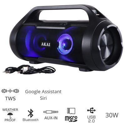 Akai ABTS-50 Αδιάβροχο φορητό ηχείο Bluetooth με TWS, USB, LED, micro SD και Aux-In – 30 W
