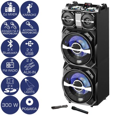 Akai DJ-T5 Φορητό Bluetooth karaoke party speaker με μίκτη, διπλό Bluetooth, LED, 2 USB, 2 SD, 2 Aux-In και ασύρματο μικρόφωνο –