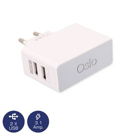 Osio OTU-385W Λευκό Διπλός φορτιστής ρεύματος με 2 USB και LED 5 V 1000 / 2100 mA