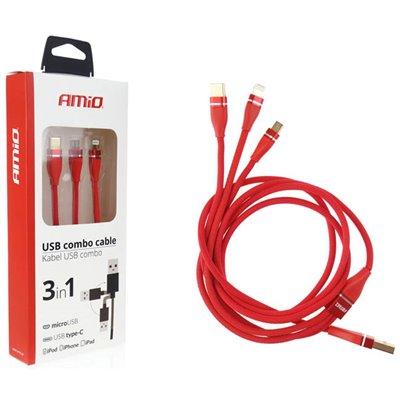 Καλώδιο Φόρτισης Και Μεταφοράς Δεδομένων USB Cable Lightning 3 In 1 Amio UC-7 3.1A 1.2m 1Τμχ