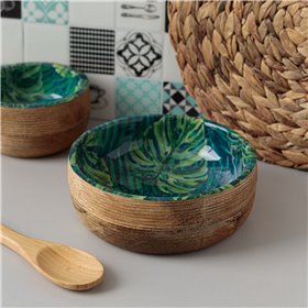 Μπολ Σερβιρίσματος Ξύλινο με Σμάλτο Σχέδιο Τροπικά Φύλλα 20x8 cm
