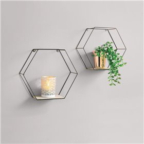 Διακοσμητικά Ράφια Μεταλλικά Εξάγωνα Ξύλινη Βάση 2 Μεγέθη - 2 τμχ.