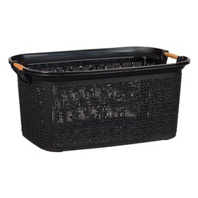 Λεκάνη Ρούχων Πλαστική Διάτρητη Μαύρη Πλεκτό Σχέδιο Ξύλινα Χερούλια 30 lt