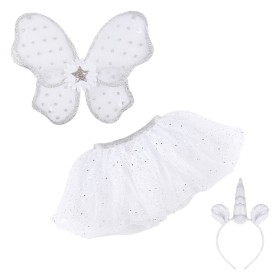 Φούστα Tutu για Κορίτσι Λευκή Ασημί Αστέρια με Φτερά &amp Στέκα Μονόκερος - 3 τμχ.