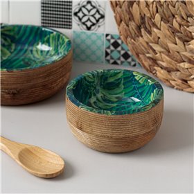 Μπολ Σερβιρίσματος Ξύλινο με Σμάλτο Σχέδιο Τροπικά Φύλλα 15x8 cm