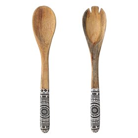 Σετ Σερβιρίσματος Κουτάλα Πιρούνα Ξύλινο με Σμάλτο Μαύρο Λευκό Aztec 31 cm