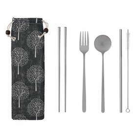 Σετ Μεταλλικό Καλαμάκι &amp Μαχαιροπίρουνο Ταξιδίου - Κάμπινγκ 5 τμχ.