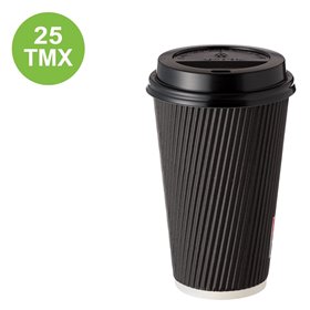 Χάρτινα Ποτήρια Μαύρα Ripple Ενισχυμένα με Μαύρο Καπάκι 480 ml - 25 τμχ. 