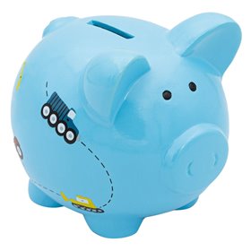 Κουμπαράς Πήλινος Σιέλ Γουρουνάκι με Οχήματα 14x12x12 cm