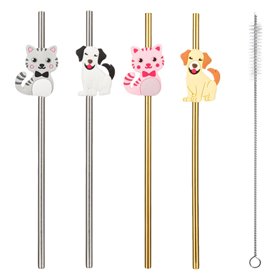 Καλαμάκια Ίσια Μεταλλικά Χρυσά Ασημί Επαναχρησιμοποιούμενα Ζώα με Βουρτσάκι 6x215 mm - 4 τμχ.