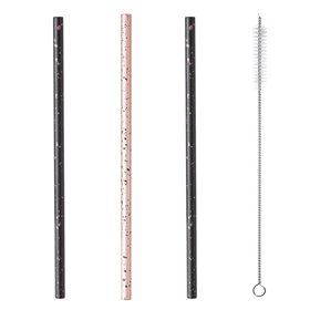 Καλαμάκια Ανοξείδωτο Ατσάλι Επαναχρησιμοποιούμενα Μαύρα Ροζ Πιτσιλιές &amp Βουρτσάκι 8x215 mm - 3 τμχ.