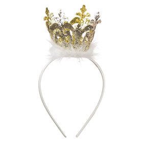 Αποκριάτικο Στέκα Κορώνα Χρυσή Glitter Λευκά Φτερά