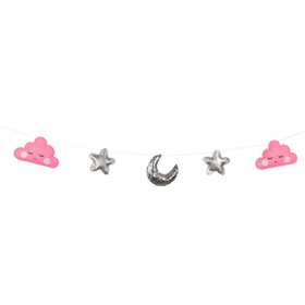 Γιρλάντα Διακοσμητική Υφασμάτινη Ροζ Συννεφάκια Ασημί Φεγγάρι Αστέρια 1.4 m