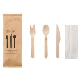 Κουβέρ Ατομικό με Ξύλινο Πιρούνι Μαχαίρι Κουτάλι Χαρτοπετσέτα - 8 τμχ.