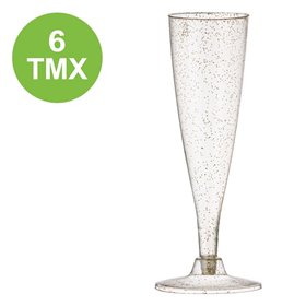 Ποτήρια Σαμπάνιας Πλαστικά Διάφανα Επαναχρησιμοποιούμενα με Χρυσό Glitter 130 ml - 6 τμχ.