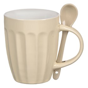 Κούπα Κεραμική Οβάλ Κρεμ Ανάγλυφα Αυλάκια με Κουταλάκι 330 ml