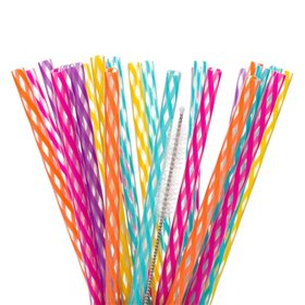 Καλαμάκια Πλαστικά Ριγέ Χρωματιστά Επαναχρησιμοποιούμενα 7.4x230 mm &amp Βουρτσάκι - 24 τμχ.