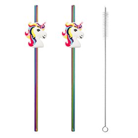 Καλαμάκια Ίσια Μεταλλικά Rainbow Επαναχρησιμοποιούμενα Μονόκερος με Βουρτσάκι 6x215 mm - 2 τμχ.