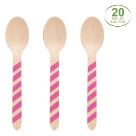 Κουταλάκια Πάρτι Ξύλινα Φούξια Ρίγα 16 cm - 20 τμχ.