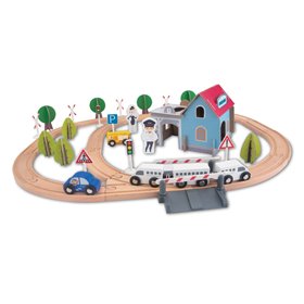 Ξύλινο Τρένο με Σταθμό &amp Αξεσουάρ - 65 τμχ.