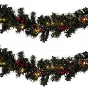 Χριστουγεννιάτικη Διακοσμητική Γιρλάντα Πράσινη με LED Berries &amp Κουκουνάρια 3mx8cm