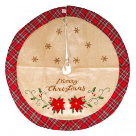 Χριστουγεννιάτικη Ποδιά Δέντρου Μπεζ Βελούδο Κόκκινο Καρό &quotMerry Christmas&quot 90 cm