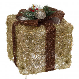 Χριστουγεννιάτικο Φωτιζόμενο Δώρο Χρυσό Tinsel Πεύκο Κουκουνάρι 15 Λαμπάκια 21x21x21 cm