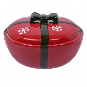 Χριστουγεννιάτικη Μπισκοτοθήκη Κεραμική Κόκκινο Δώρο Πράσινη Κορδέλα 22x12cm