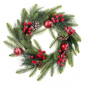 Χριστουγεννιάτικο Διακοσμητικό Στεφάνι Πράσινο Κουκουνάρια Μπάλες Berries 40cm