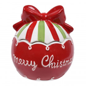 Χριστουγεννιάτικη Μπισκοτοθήκη Κεραμική Στρογγυλή Σχήμα Δώρου με Φιόγκο &quotMerry Christmas&quot 14x20cm