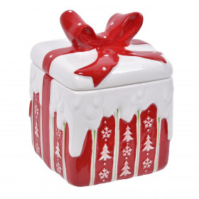 Χριστουγεννιάτικη Μπισκοτοθήκη Κεραμική Τετράγωνη Σχήμα Δώρου με Φιόγκο 14x20.5cm