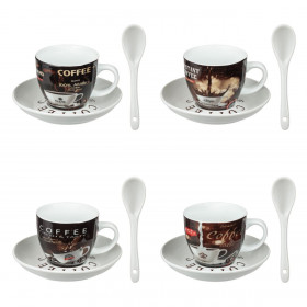 Σετ 4 Φλυτζάνια Καφέ Πορσελάνη Σχέδιο Coffee με Πιατάκια &amp Κουταλάκια 175 ml