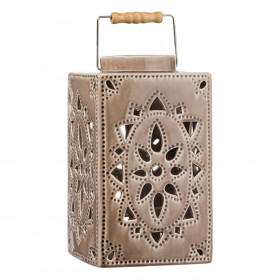 Φανάρι Διακοσμητικό Κεραμικό Taupe Διάτρητο Σχέδιο με Χερούλι 18x18x32 cm