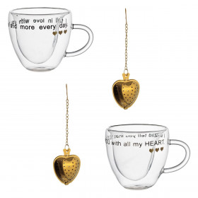 Σετ Κούπες Γυάλινες Διπλό Τοίχωμα Καρδιά Τύπωμα Love &amp Χρυσό Φίλτρο Καρδιά 240 ml - 2 τμχ.